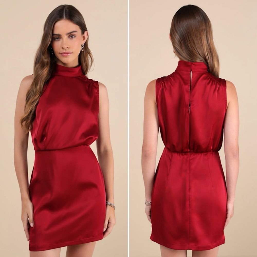 Lulus Red Satin Mock Neck Mini Dress NWT Size XS